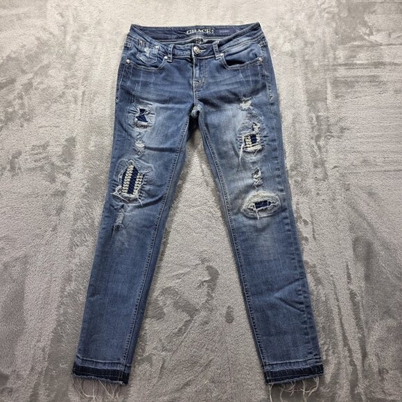 Grace in LA Jeans Women's 26 Blue Skinny Distressed Patched Distressed Hem - Picture 1 of 11